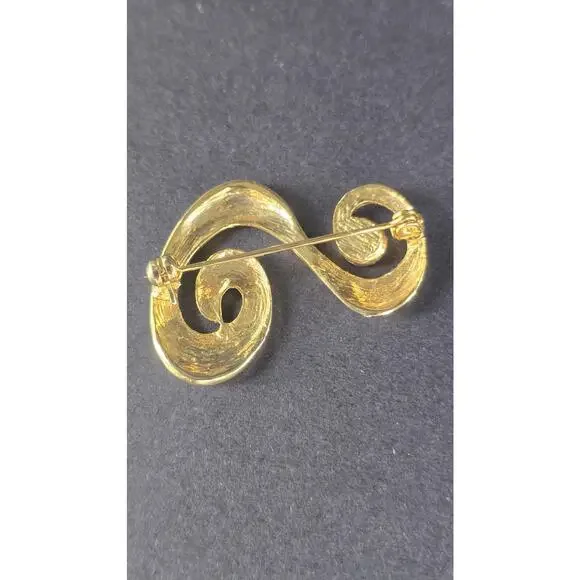 Gold Tone Abstract Swirl Brooch Pin Modern Scroll Costume Statement Jewelry - Picture 5 of 6